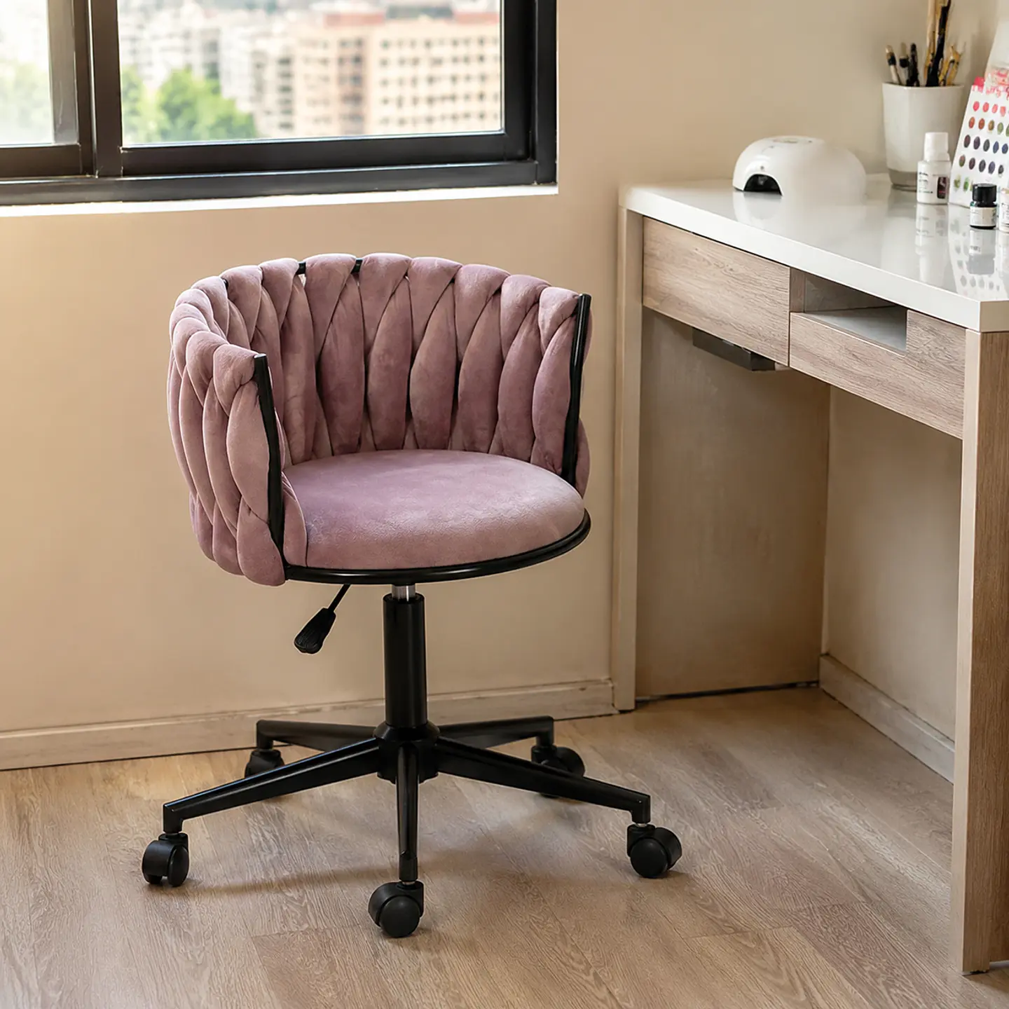 Silla Escritorio King Velvet Rosa Malva Black- Recepcion manicurista 3