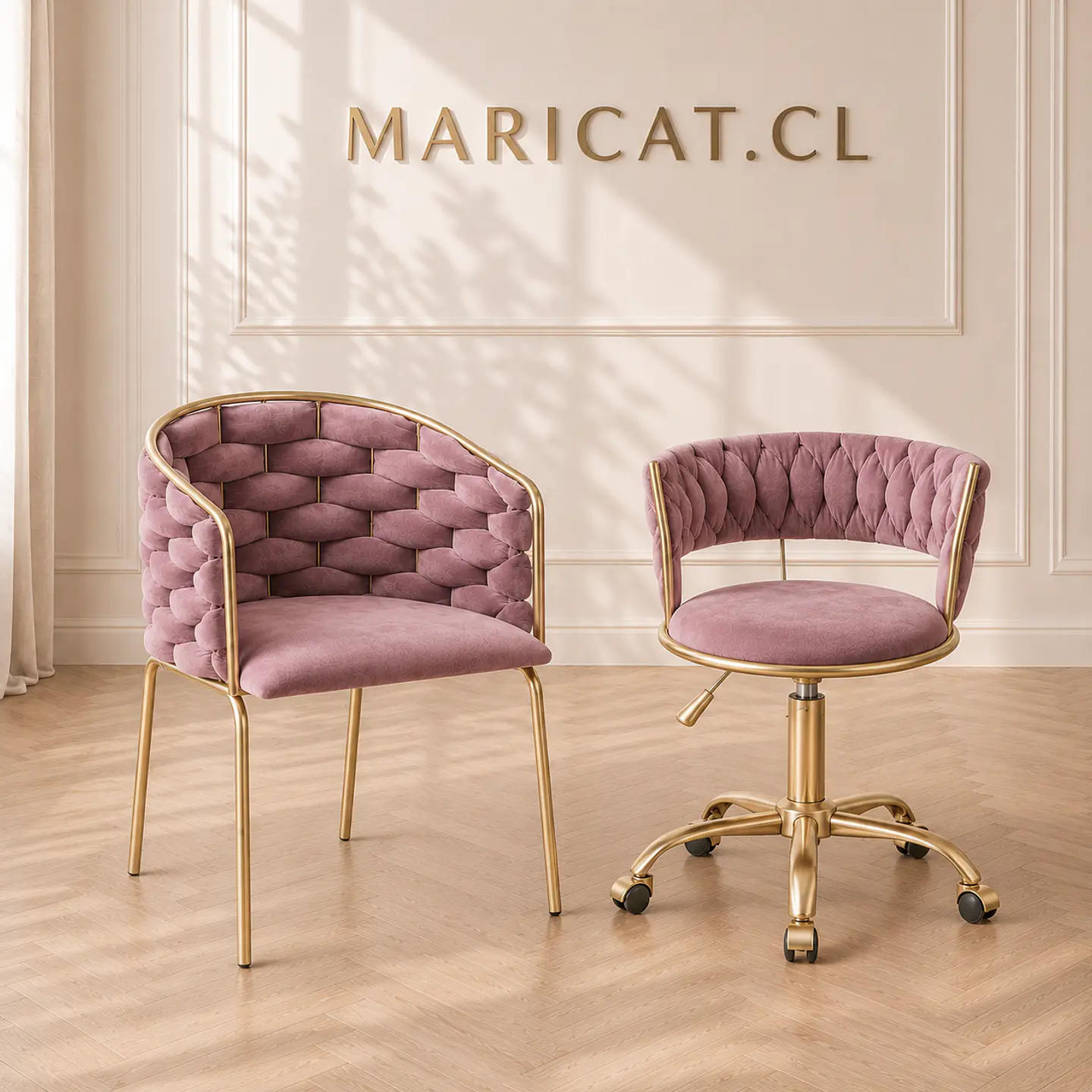 Sitial Maxi velvet rosa malva gold + Silla queen velvet oficina rosa malva gold-Escritorio manicurista recepcion 1