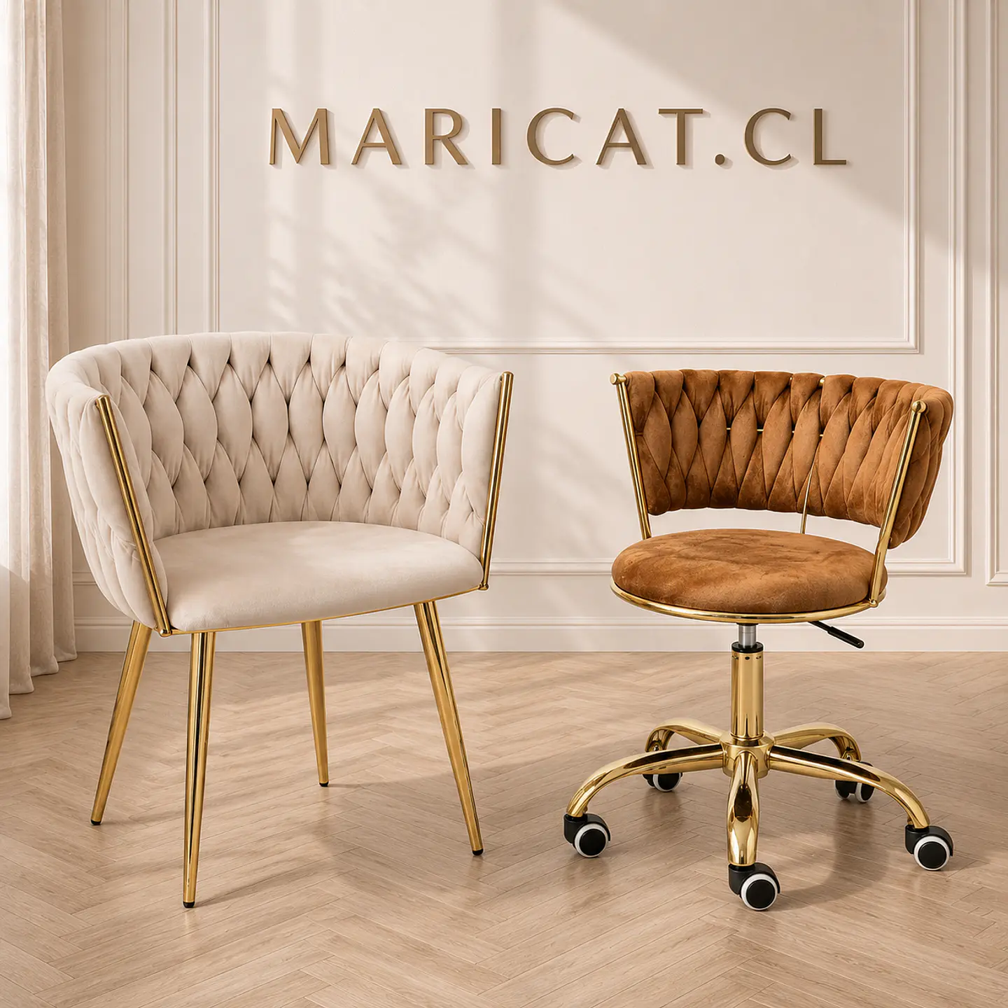 Pack de Sitial Queen velvet Beige gold + Silla Queen velvet cafe terracota gold - Escritorio manicurista recepcion 1