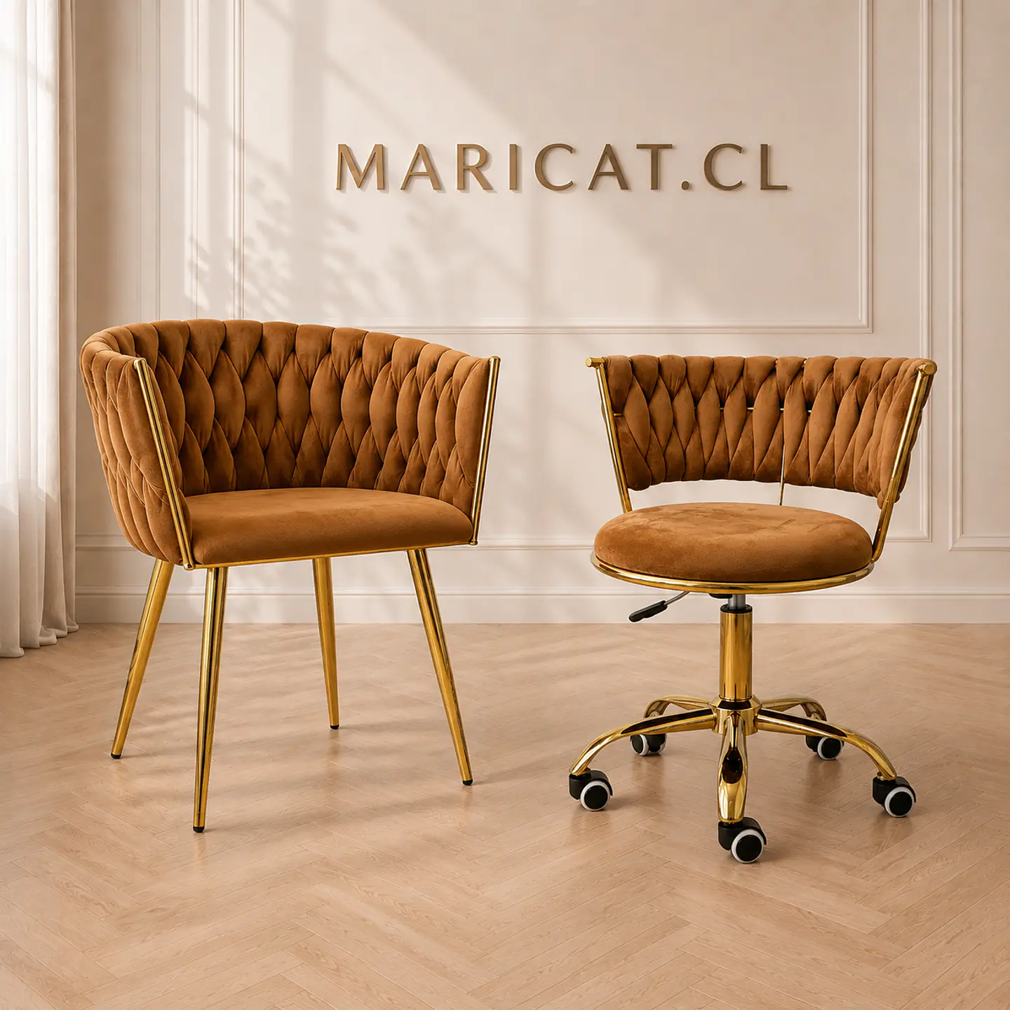 Pack de Sitial Queen velvet cafe gold + Silla Queen velvet cafe terracota gold - Escritorio manicurista recepcion 1
