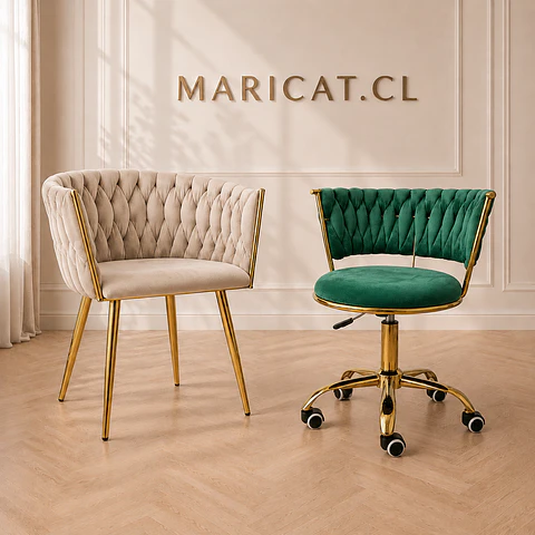 Pack de Sitial Queen velvet Beige gold + Silla Queen velvet verde gold - Escritorio manicurista recepcion