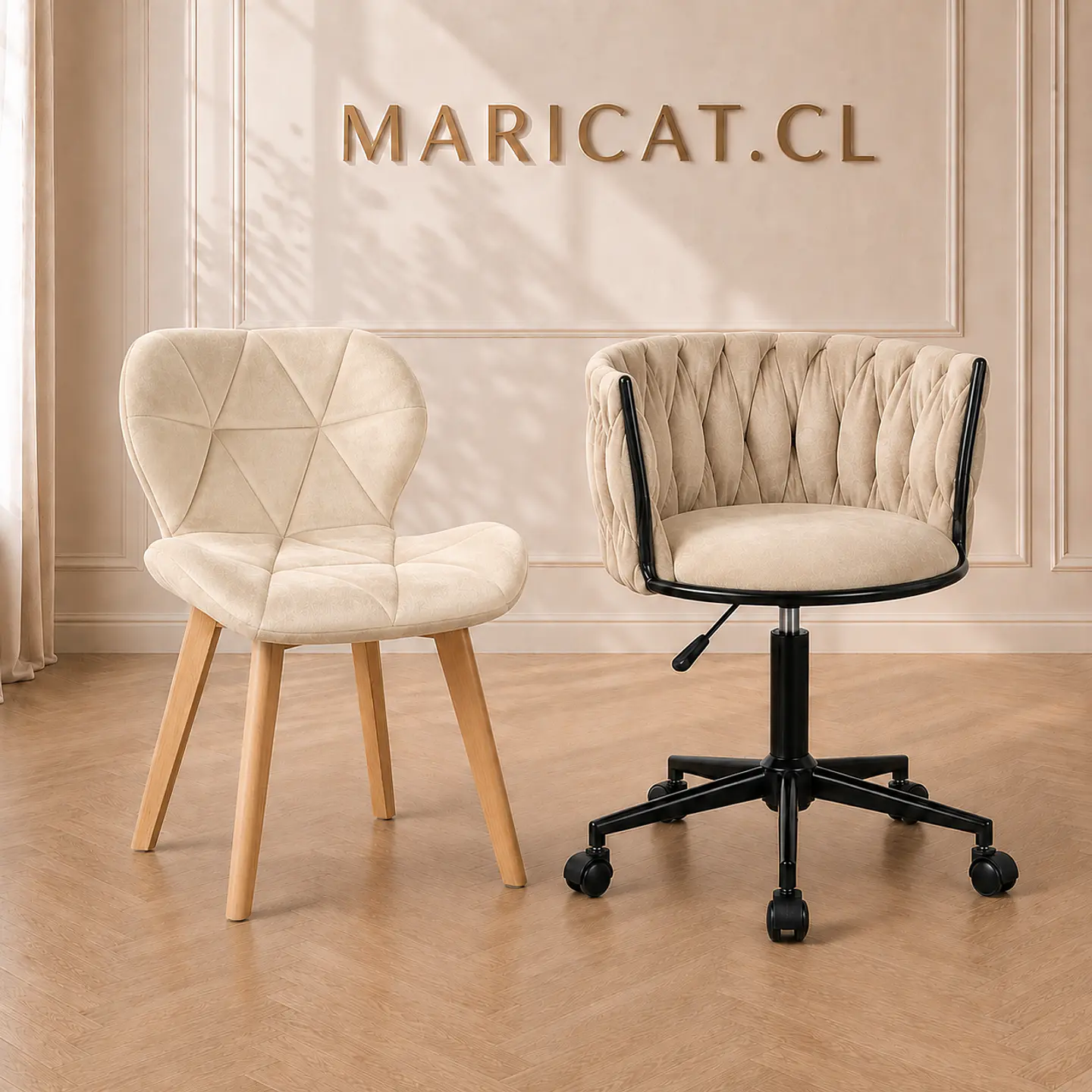 Pack Silla King Escritorio Velvet Beige Black + Silla Mariposa Velvet Beige Madera Natural- Escritorio manicurista recepcion 1