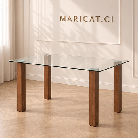 Mesa Rectangular Sylva de Vidrio Templado con Patas de Metal Color Madera 120x80