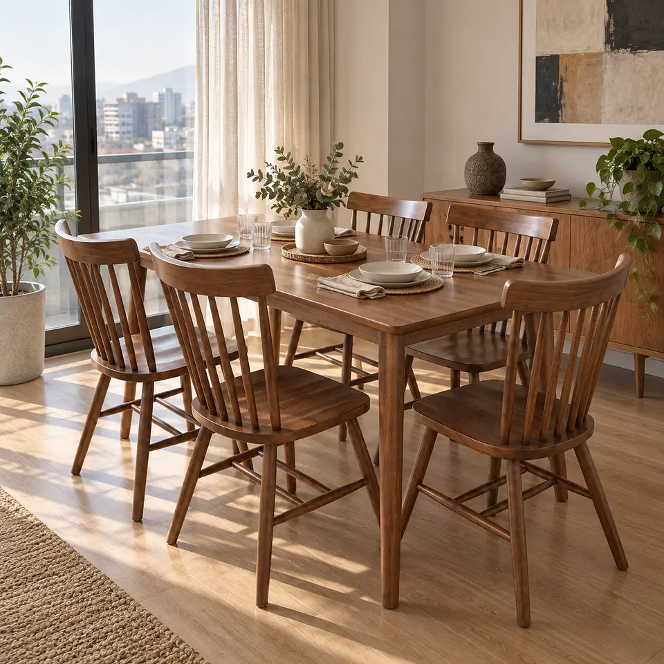 Mesa Rectangular Vema Walnut MDF + 4 Sillas Windsor Madera Haya Natural - Comedor Cocina Living 3