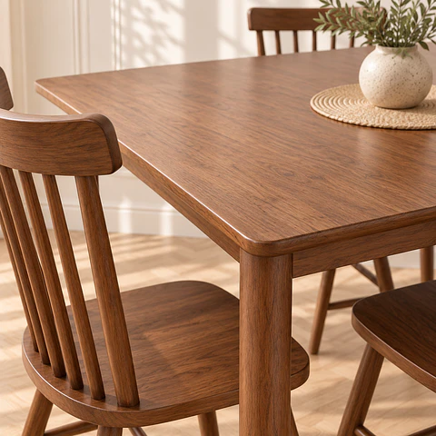 Mesa Rectangular Vema Walnut MDF + 4 Sillas Windsor Madera Haya Natural - Comedor Cocina Living