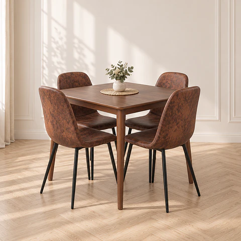 Mesa Cuadrada Vema Walnut + 4 Sillas Spoon Café Vintage Black - Comedor Cocina Living