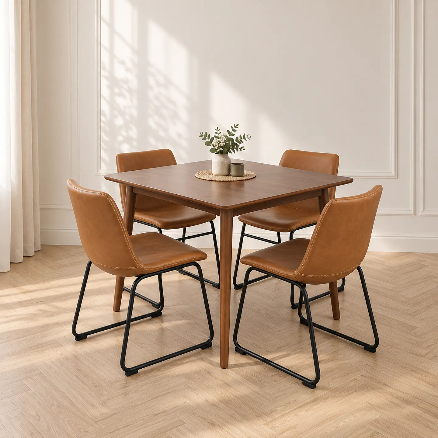 Mesa Cuadrada Vema Walnut + 4 Sillas Burgos Café Black - Comedor Restaurante Cocina 1
