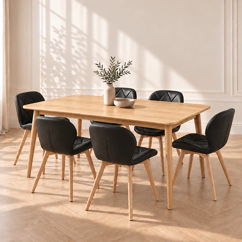Mesa Rectangular Vema Natural 160x80+ 6 Sillas Mariposa Ecocuero - Comedor Cocina Living