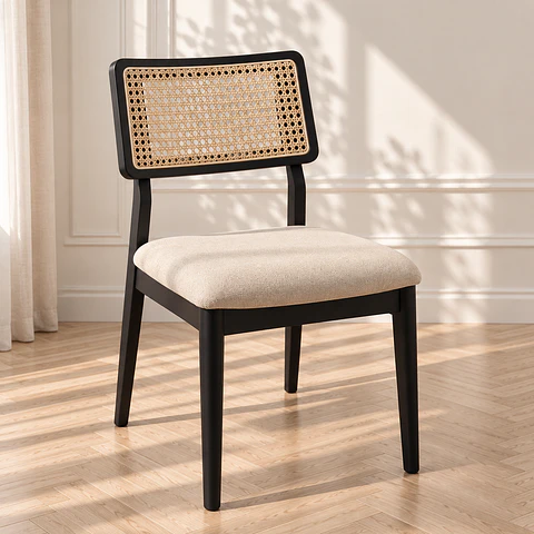 Silla Verona de Madera Negra con Rattan y Asiento Beige