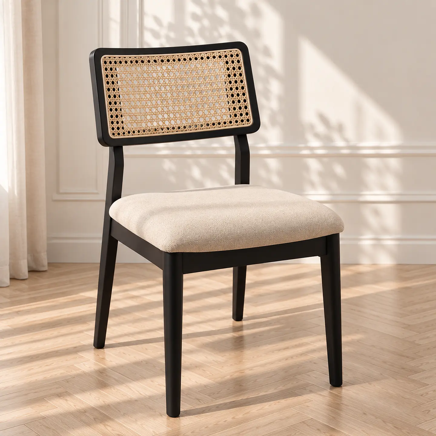Silla Verona de Madera Negra con Rattan y Asiento Beige 1