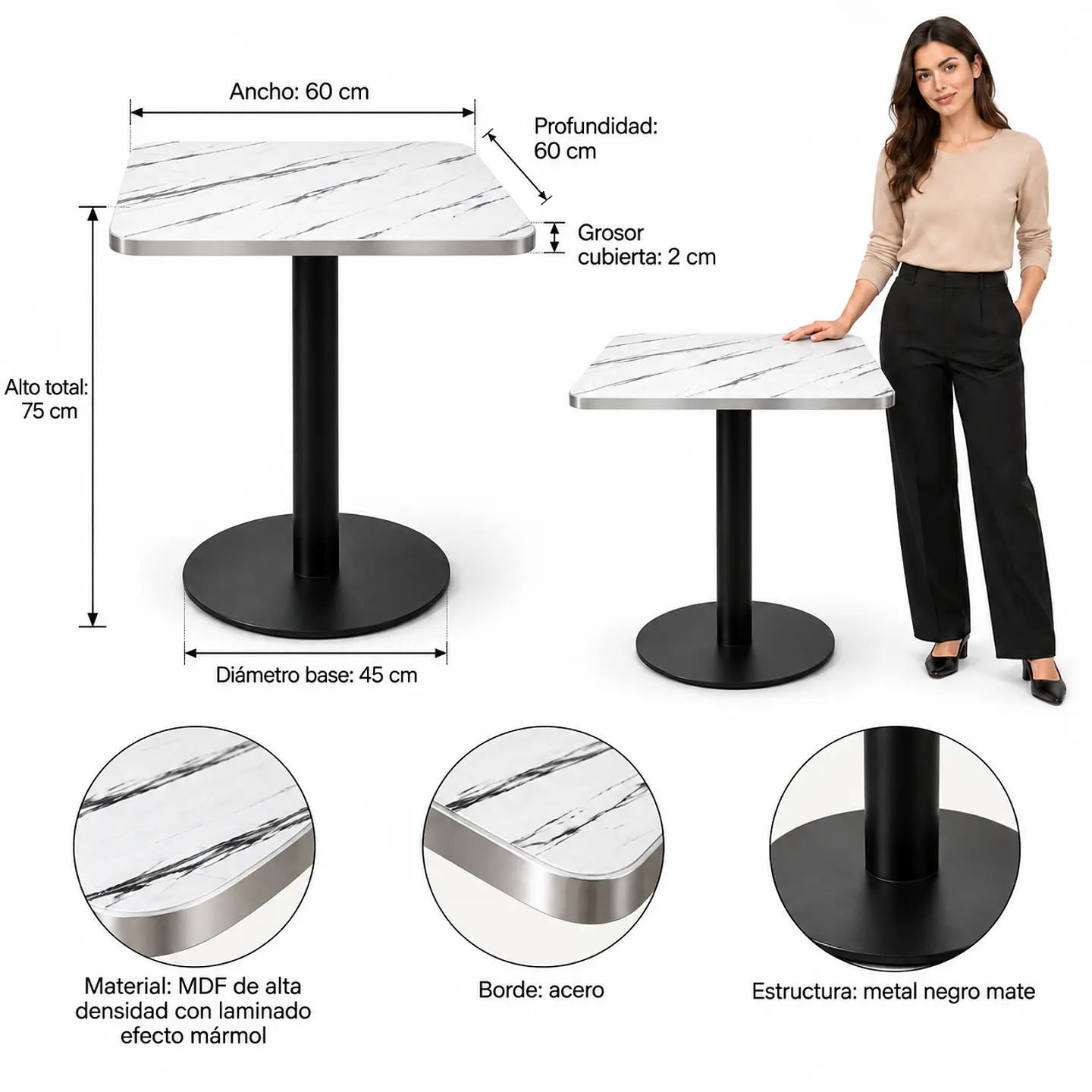 Mesa Verona Cuadrada Mármol Blanco Black - Cafetería Restaurante Cocina 3