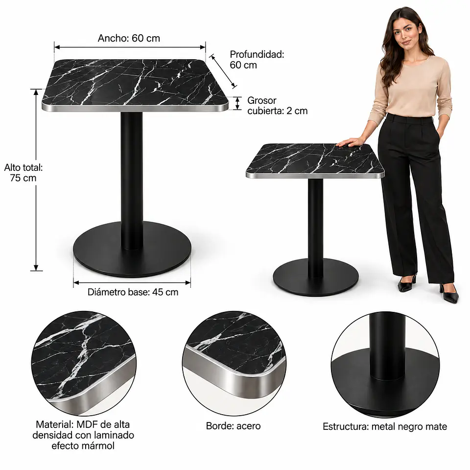 Mesa Verona Cuadrada Mármol Negro Black - Cafetería Restaurante Cocina 3