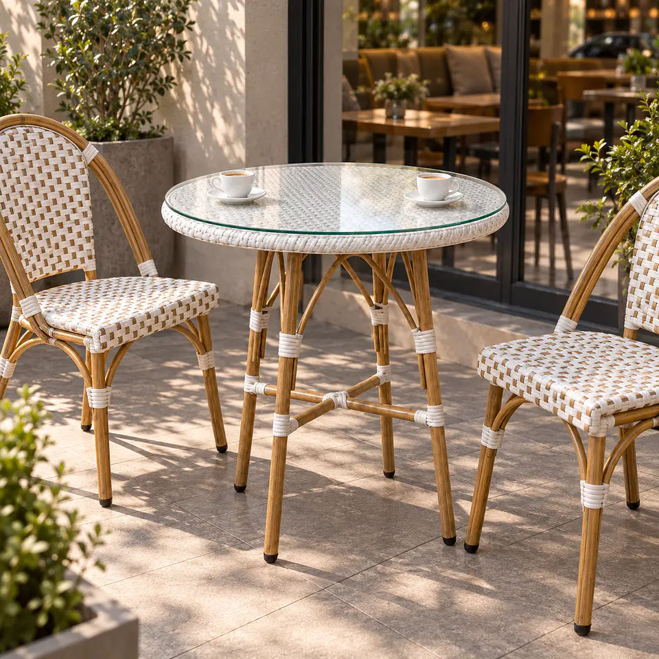 Mesa Redonda Zapallar Ratán Blanco Bambú - Terraza Cafetería Restaurante 2