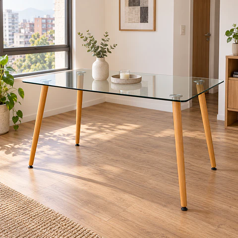 Mesa Rectangular Francia con Cubierta de Vidrio y Patas Metálicas Terminación Madera 130x80