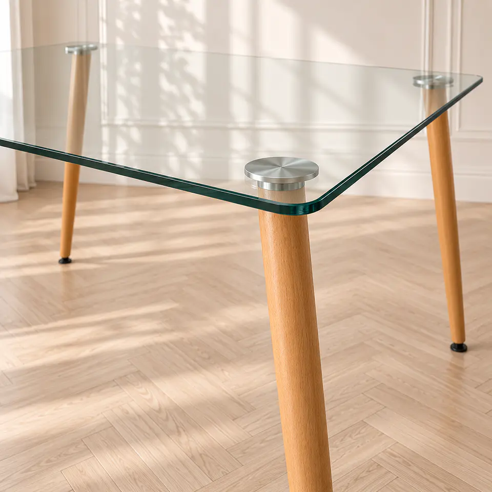 Mesa Rectangular Francia con Cubierta de Vidrio y Patas Metálicas Terminación Madera 130x80 3