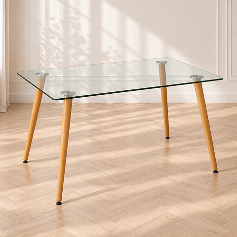 Mesa Rectangular Francia con Cubierta de Vidrio y Patas Metálicas Terminación Madera 130x80