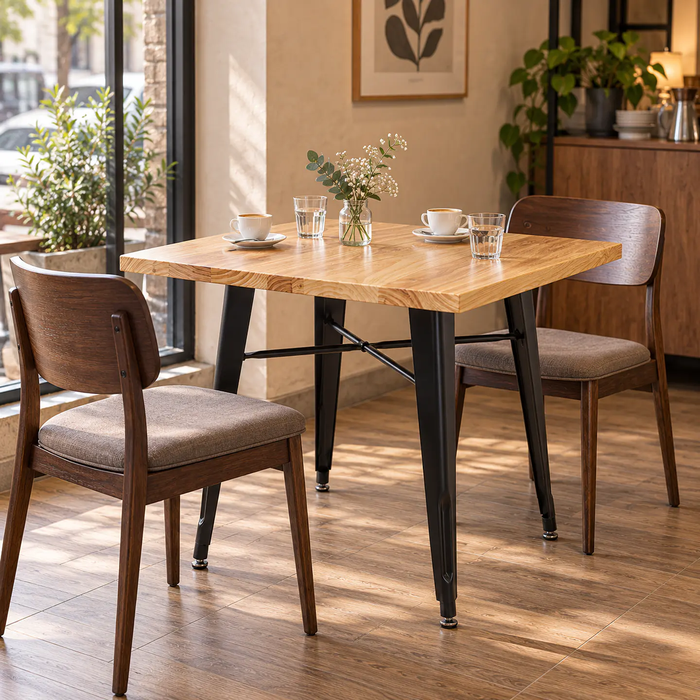 Mesa Cuadrada Tolix Wood Madera Pino Natural Black - Comedor Restaurante Cafetería exterior 3
