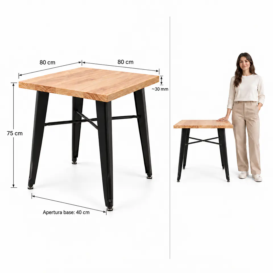 Mesa Cuadrada Tolix Wood Madera Pino Natural Black - Comedor Restaurante Cafetería exterior 4