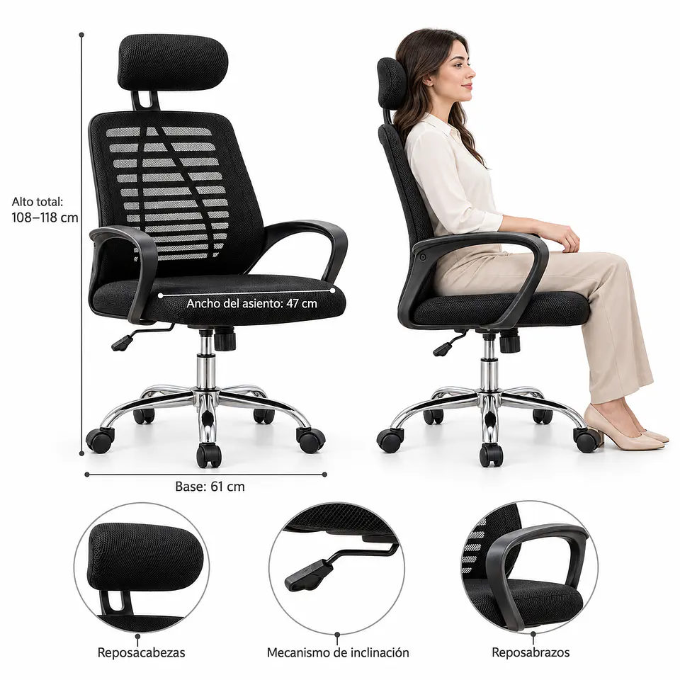 Silla Mik Ergos Escritorio Malla Negro- Oficina Home Office Estudio 2