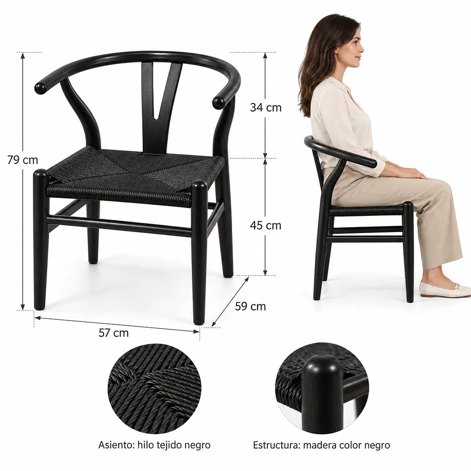 Pack de 4 Silla Wishbone Madera Negra Tejido Natural- comedor living restaurant 4