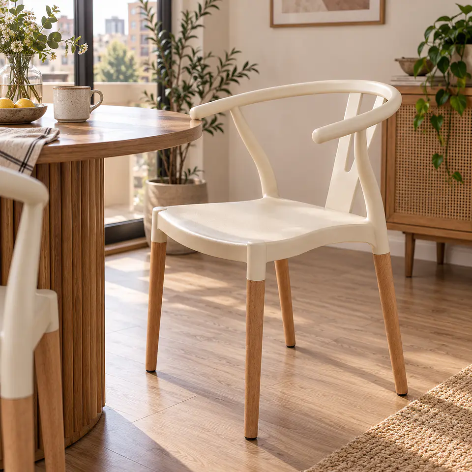 Silla Wishbone Polipropileno Beige Vainilla Base Madera Natural - Comedor Cafetería Restaurante 2