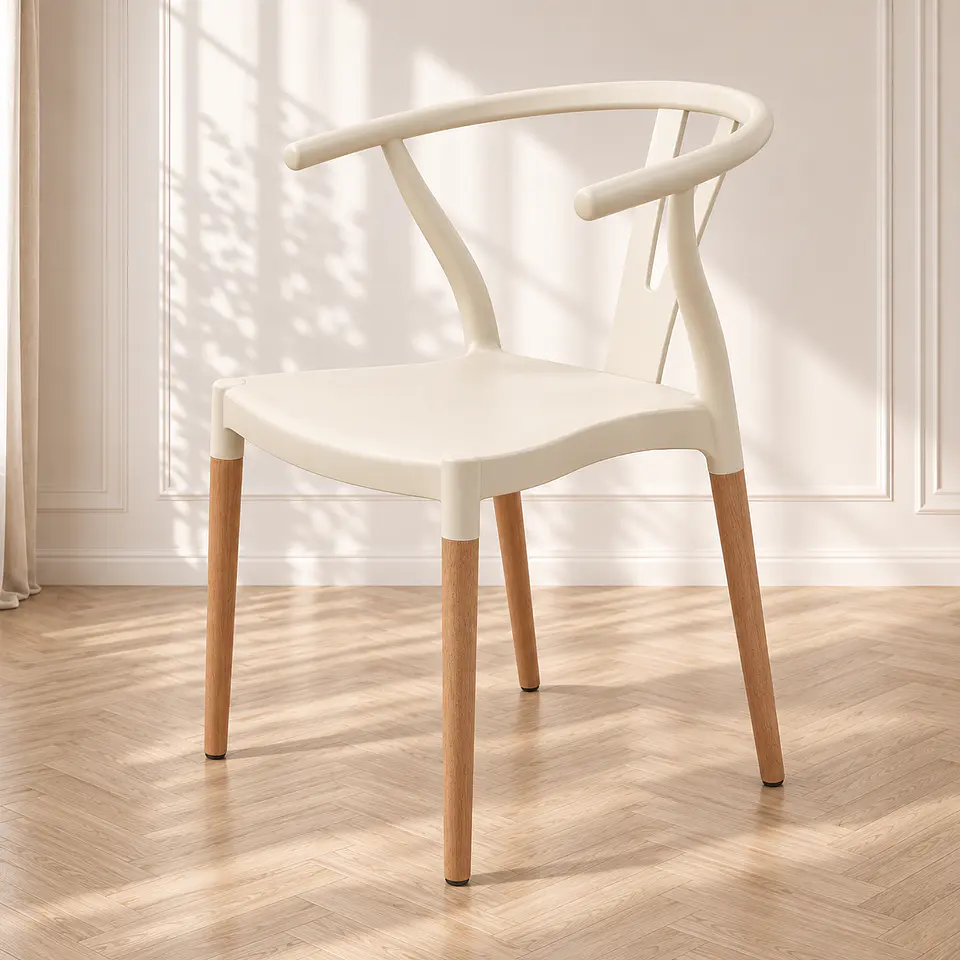 Silla Wishbone Polipropileno Beige Vainilla Base Madera Natural - Comedor Cafetería Restaurante 1