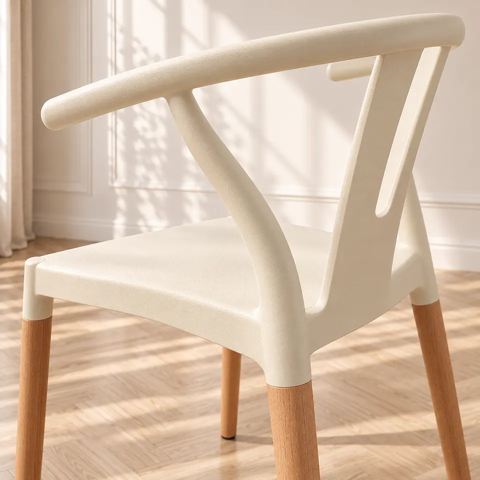 Silla Wishbone Polipropileno Beige Vainilla Base Madera Natural - Comedor Cafetería Restaurante 3