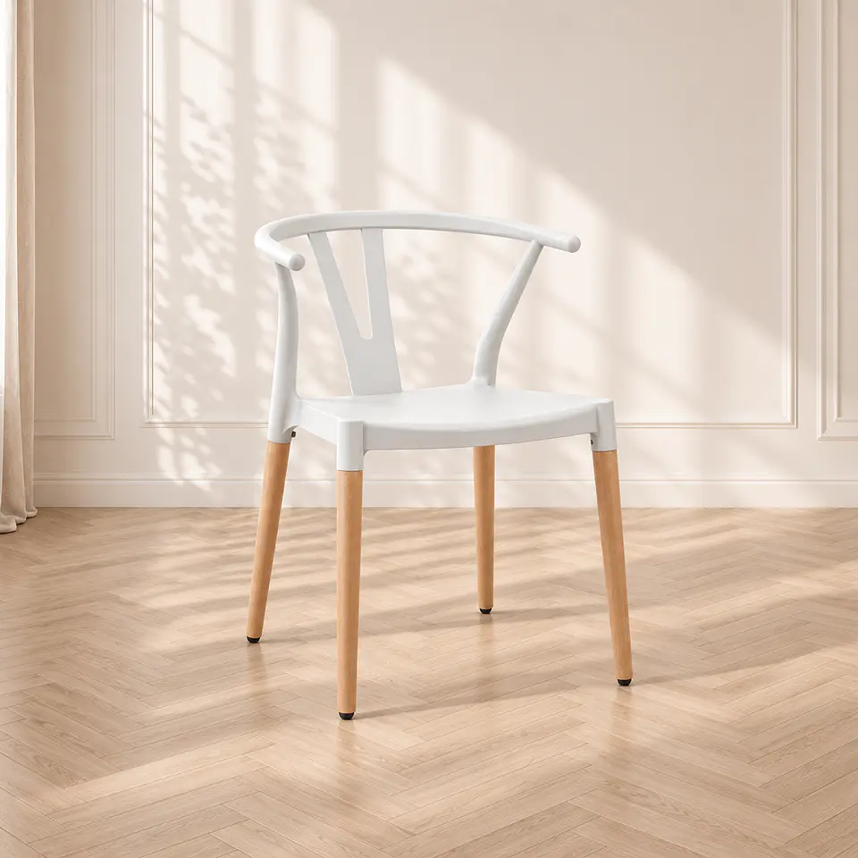 Silla Wishbone Polipropileno Blanco base Madera Natural - Comedor Cafetería Restaurante 1