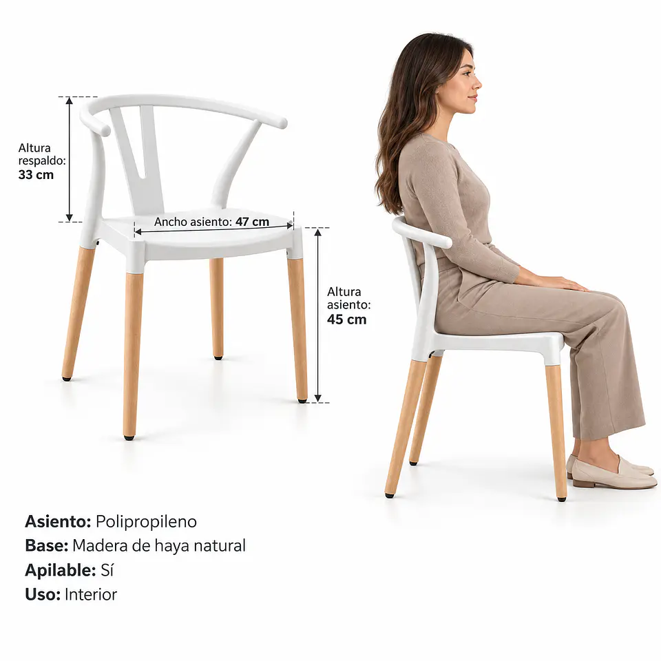 Silla Wishbone Polipropileno Blanco base Madera Natural - Comedor Cafetería Restaurante 2
