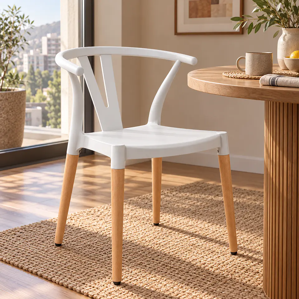 Silla Wishbone Polipropileno Blanco base Madera Natural - Comedor Cafetería Restaurante 3