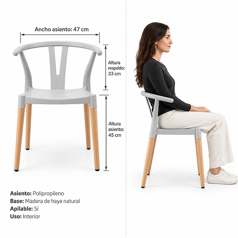 Silla Wishbone Polipropileno Gris base Madera Natural - Comedor Cafetería Restaurante