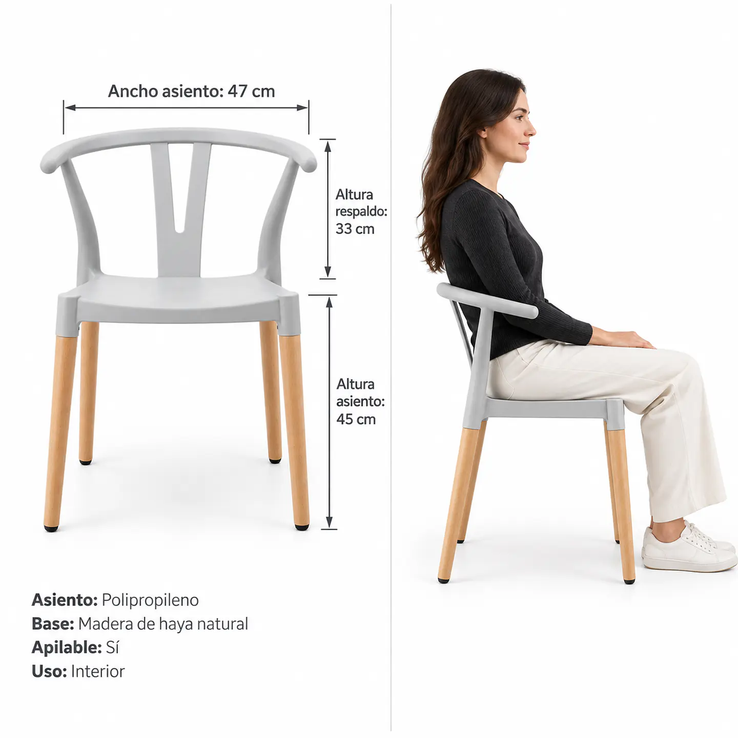 Silla Wishbone Polipropileno Gris base Madera Natural - Comedor Cafetería Restaurante 2