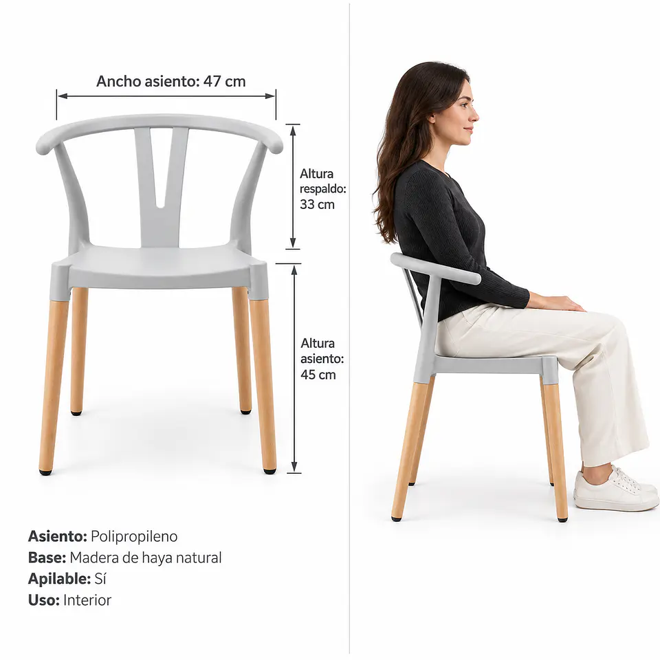 Silla Wishbone Polipropileno Gris base Madera Natural - Comedor Cafetería Restaurante 2