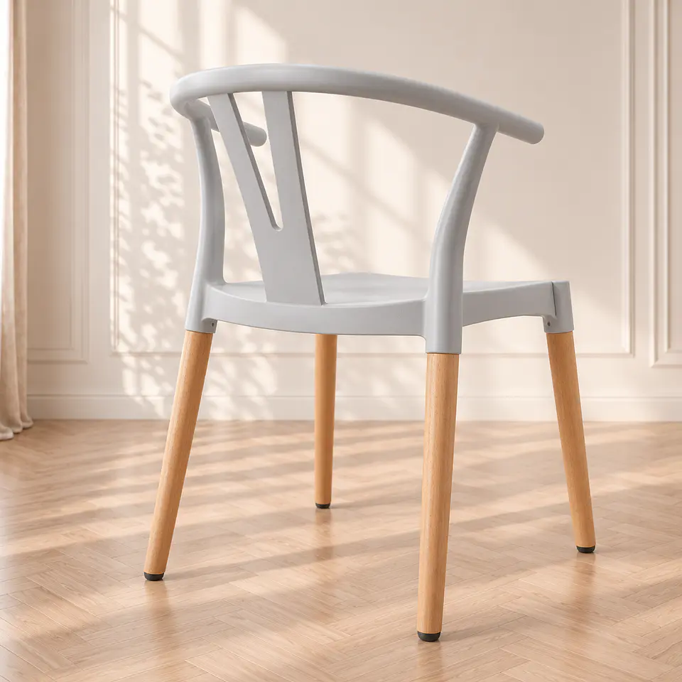 Silla Wishbone Polipropileno Gris base Madera Natural - Comedor Cafetería Restaurante 4