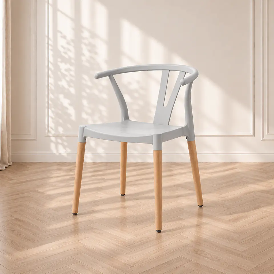 Silla Wishbone Polipropileno Gris base Madera Natural - Comedor Cafetería Restaurante 1