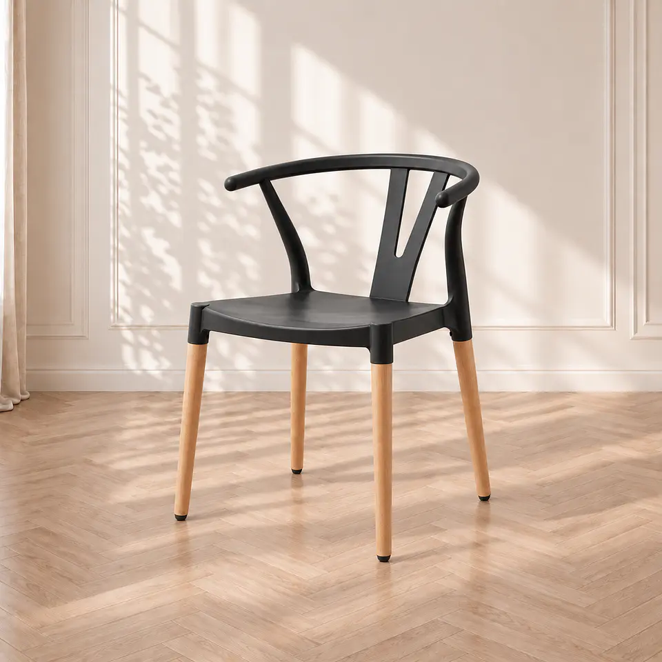 Silla Wishbone Polipropileno Negro Base Madera Natural apilable - Comedor Cafetería Restaurante 1