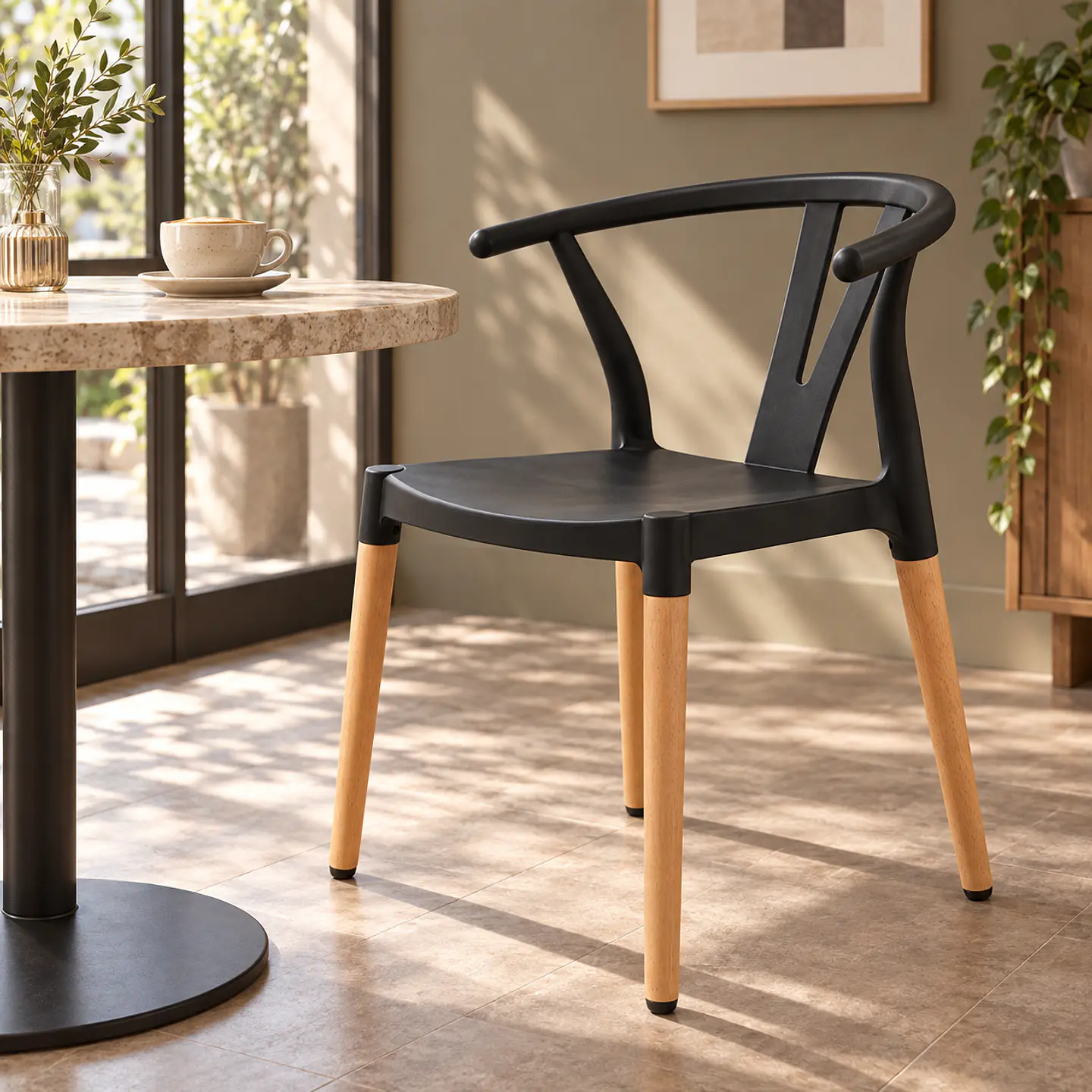 Silla Wishbone Polipropileno Negro Base Madera Natural apilable - Comedor Cafetería Restaurante 3