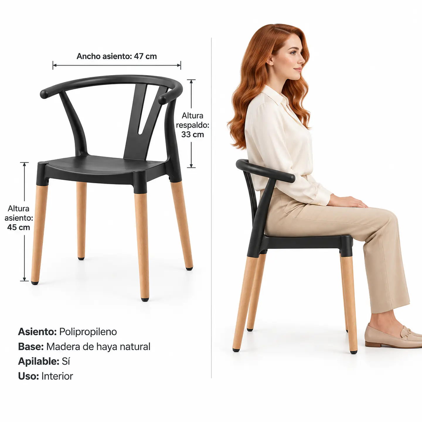 Silla Wishbone Polipropileno Negro Base Madera Natural apilable - Comedor Cafetería Restaurante 4