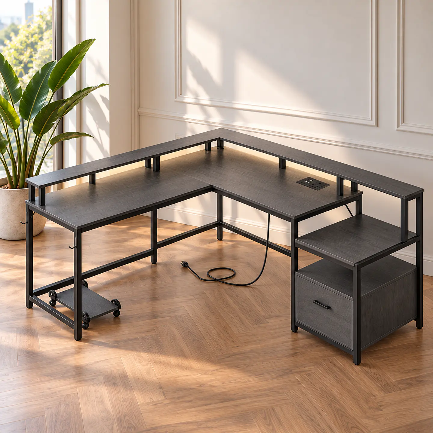 Escritorio en L para Home Office MDF Gris Negro con Cajón Nova- Oficina  1