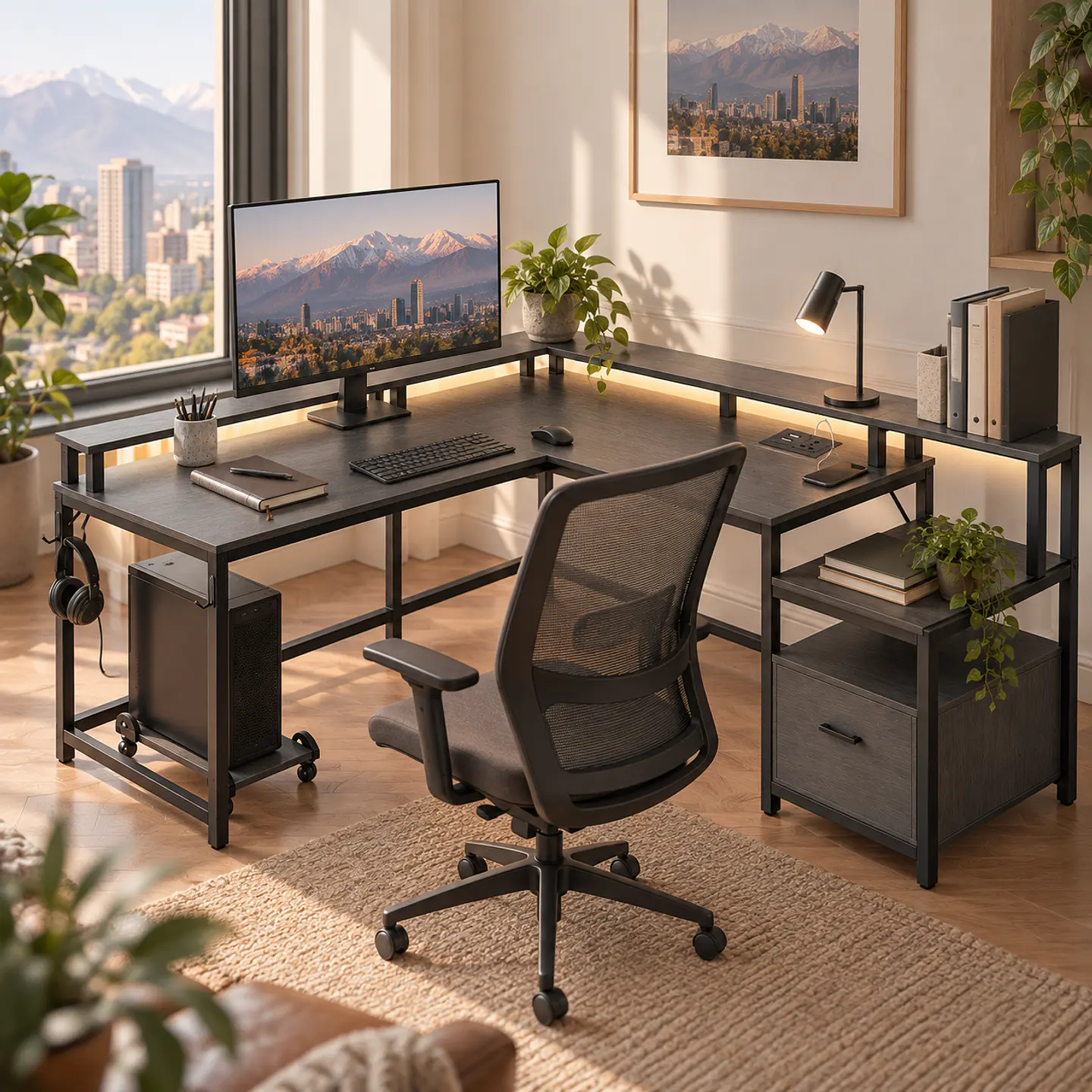 Escritorio en L para Home Office MDF Gris Negro con Cajón Nova- Oficina  4