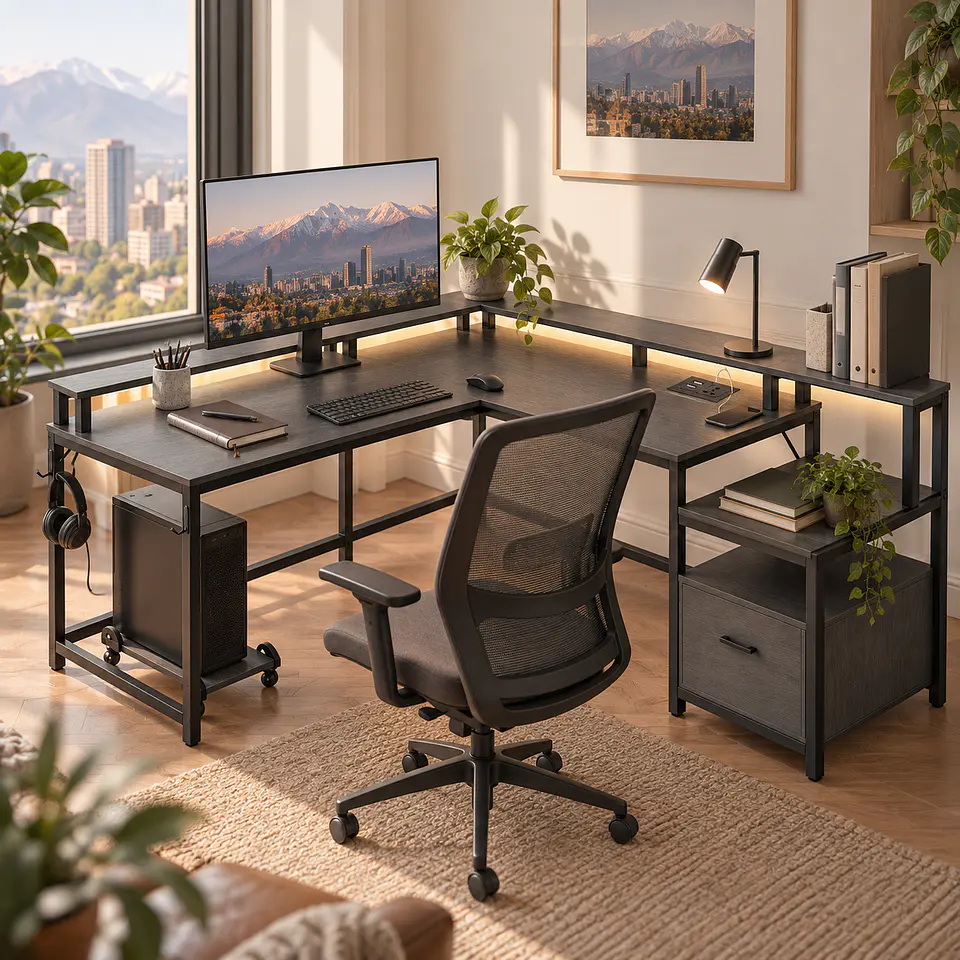 Escritorio en L para Home Office MDF Gris Negro con Cajón Nova- Oficina  4