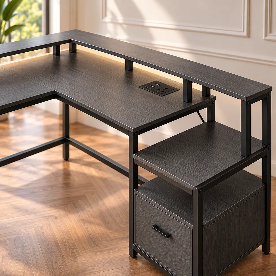 Escritorio en L para Home Office MDF Gris Negro con Cajón Nova- Oficina  5