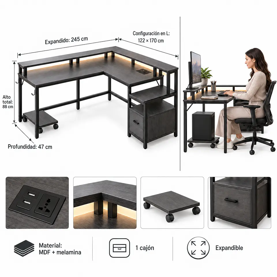 Escritorio en L para Home Office MDF Gris Negro con Cajón Nova- Oficina  6