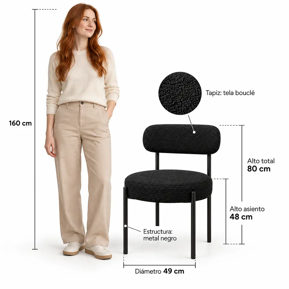 Silla MK Bouclé ovejita Negro y Negro - Comedor Living Recepción 5