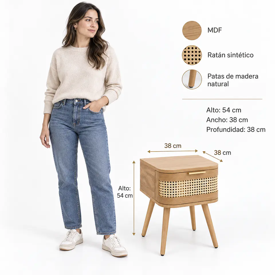 Velador Siena MDF Ratán Madera - Dormitorio Living Departamento 4