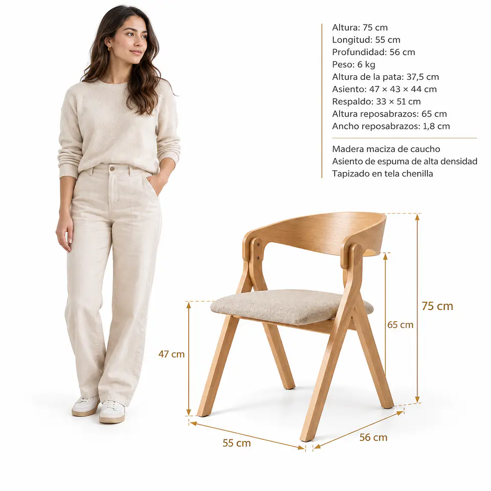 Silla Margot Lino con Apoyabrazos y Madera Natural Beige - Comedor living  5