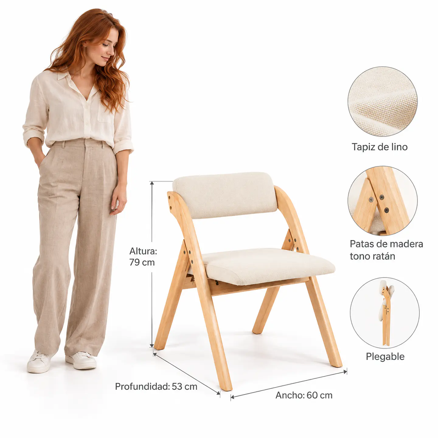 Silla Betlahem de Madera Plegable con Tapiz de Lino Acolchad 3