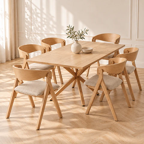 Comedor Argo Madrid Wood + Sillas Margot Chenilla - Comedor Living Departamento