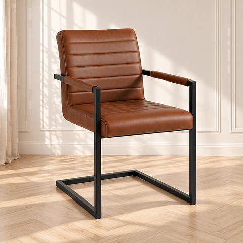 Silla Industrial de Cuero Sintético Marrón con Base Metálica- comedor cafeteria 
