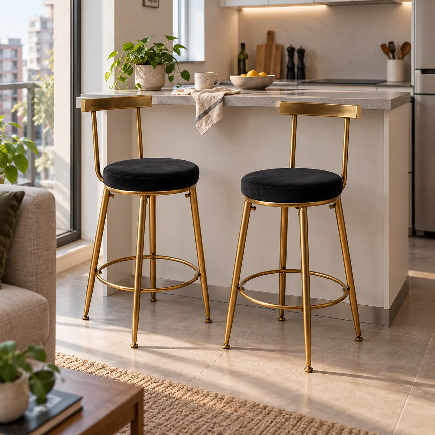 Set 2 Taburete Bar Chic Velvet Gold Negro- Cocina isla 2